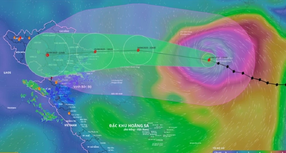 Cập nhật vị trí và đường đi của siêu bão Ragasa (bão số 9) vào lúc 22h00 ngày 23/9/2025. Nguồn: Hệ thống Giám sát thiên tai Việt Nam
