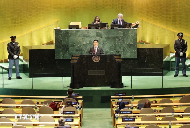 Chủ tịch nước Lương Cường phát biểu tại Phiên thảo luận cấp cao của Đại hội đồng Liên hợp quốc Khóa 80. Ảnh: TTXVN.