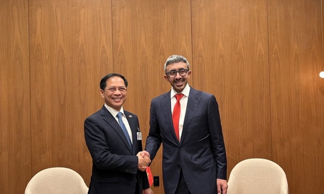 Phó Thủ tướng Bùi Thanh Sơn có cuộc gặp với Phó Thủ tướng Bộ trưởng Ngoại giao UAE Sheikh Abdullah bin Zayed Al Nahyan. Ảnh: BNG
