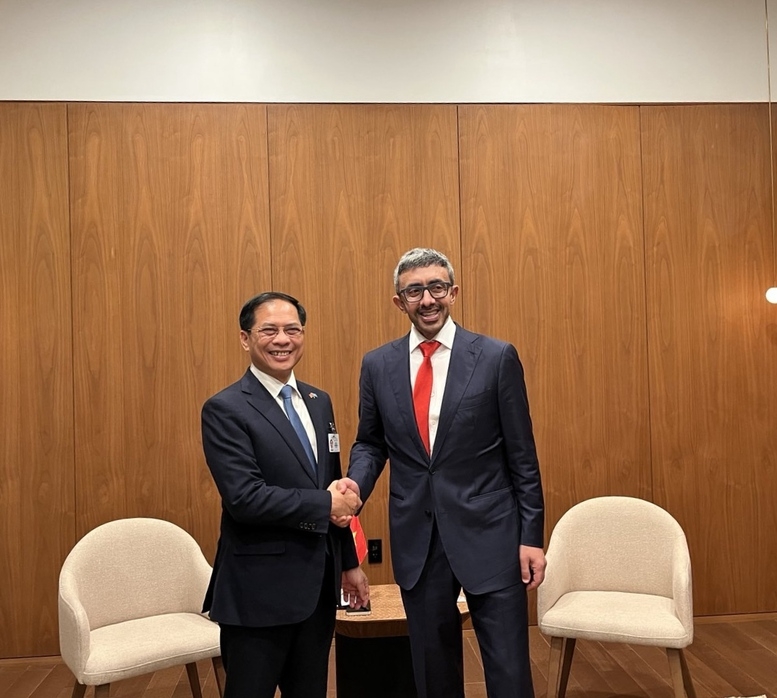 Phó Thủ tướng Bùi Thanh Sơn có cuộc gặp với Phó Thủ tướng Bộ trưởng Ngoại giao UAE Sheikh Abdullah bin Zayed Al Nahyan. Ảnh: BNG