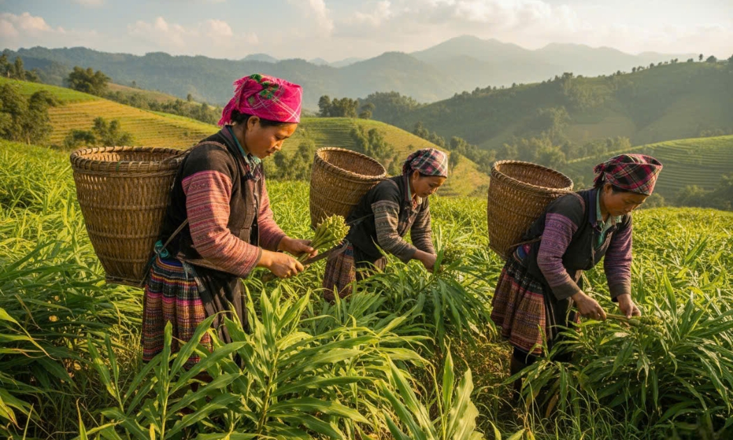 Phụ nữ vùng cao thấy phấn khởi thu hoạch hoa gừng