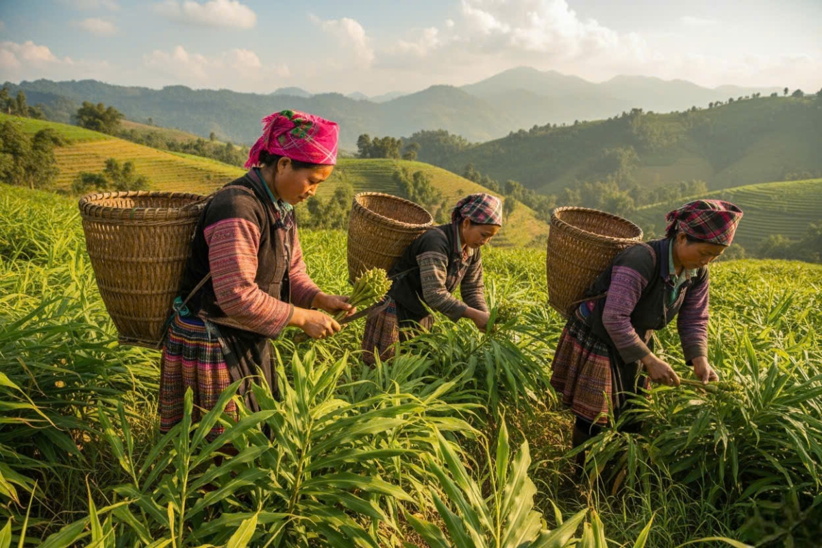 Phụ nữ vùng cao thấy phấn khởi thu hoạch hoa gừng