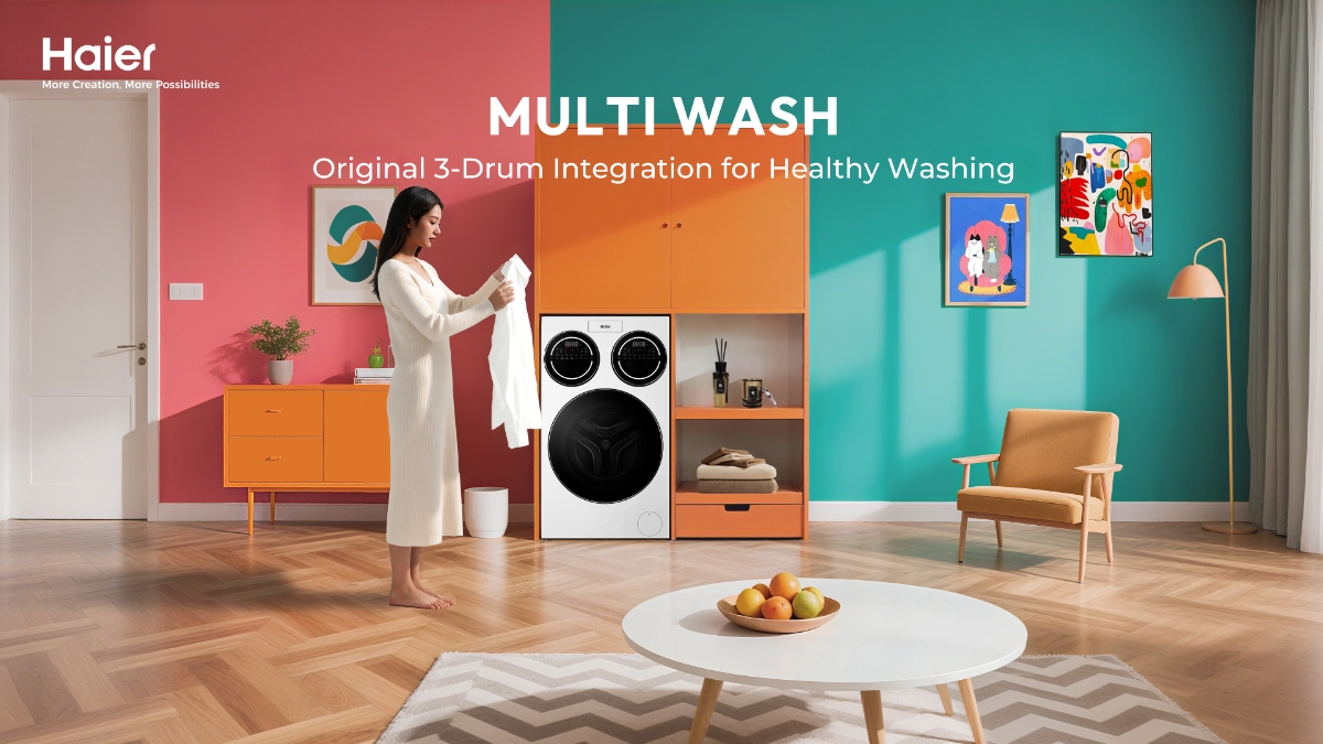 Máy giặt Haier MultiWash 3 lồng với màu trắng làm chủ đạo.