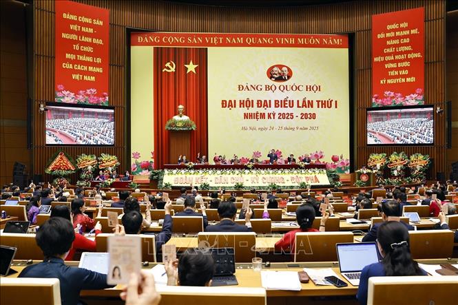 Đại biểu biểu quyết thông qua dự thảo Nghị quyết Đại hội. Ảnh: TTXVN.