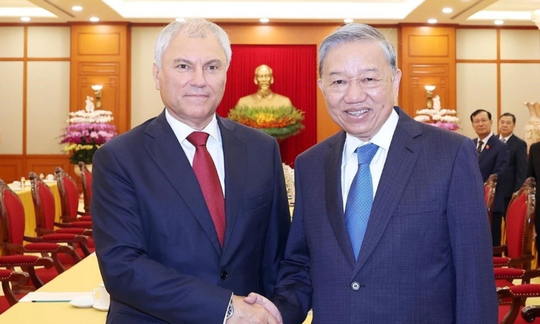 Tổng Bí thư Tô Lâm tiếp Chủ tịch Duma Quốc gia Nga Vyacheslav Volodin. Ảnh: TTXVN.