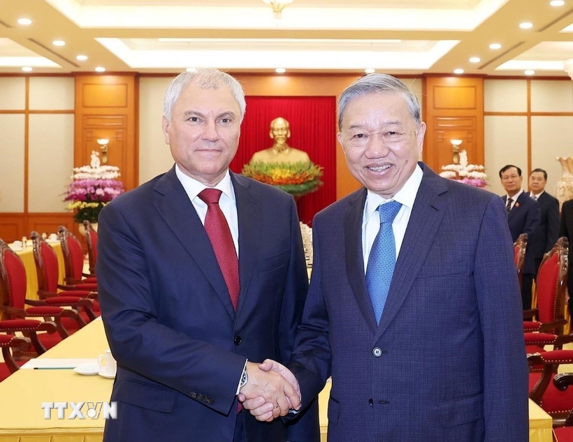 Tổng Bí thư Tô Lâm tiếp Chủ tịch Duma Quốc gia Nga Vyacheslav Volodin. Ảnh: TTXVN.