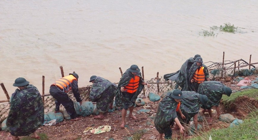 Các lực lượng đã sử dụng hàng trăm cây tre, phên liếp, cùng bao tải đất, đá để gia cố chân đê. Đồng thời, địa phương huy động thêm máy xúc đất, máy ép cọc, xe tải chở đất và các trang thiết bị cần thiết nhằm xử lý dứt điểm trong ngày.