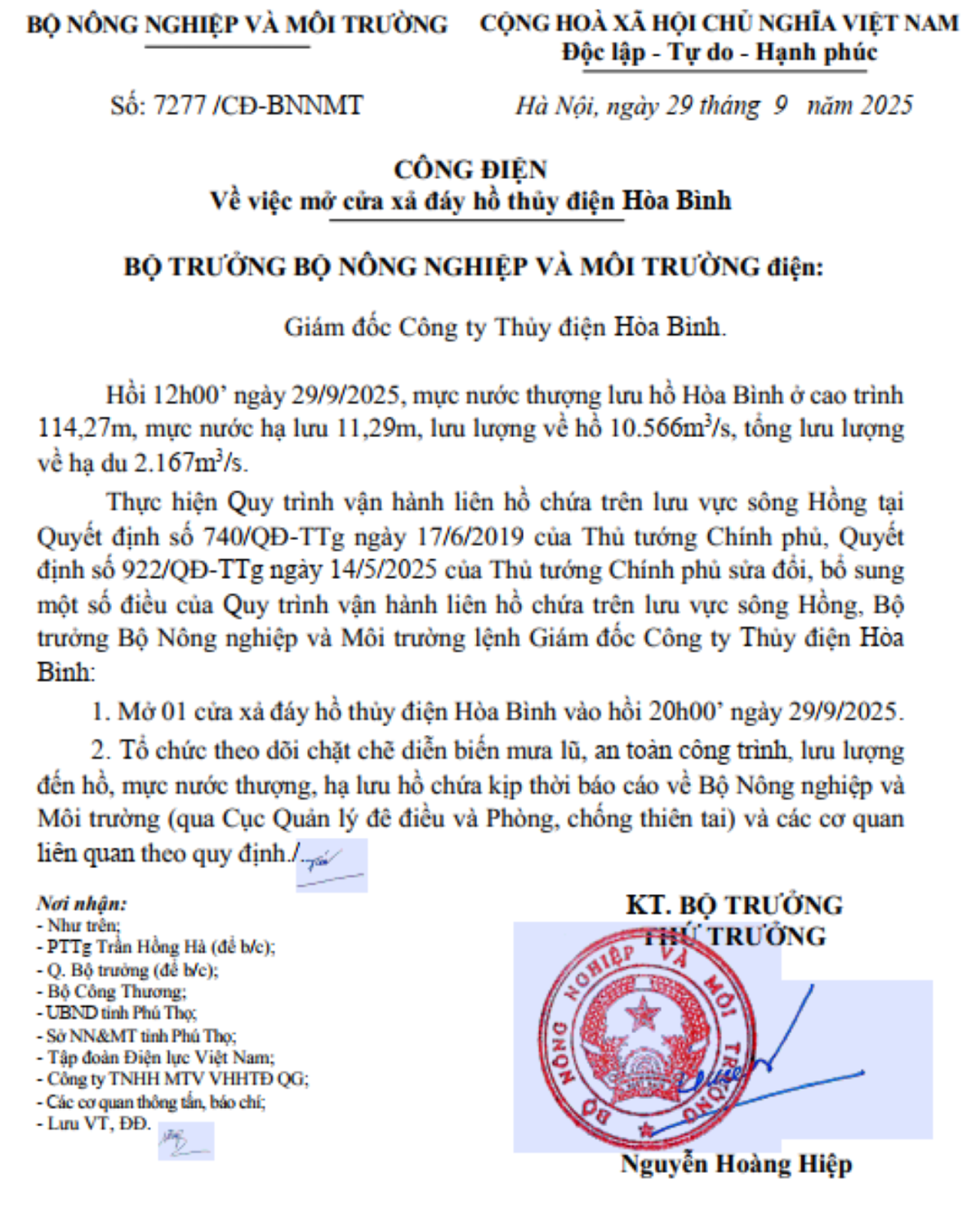 Công điện xả lũ hồ Thuỷ điện Hoà Bình