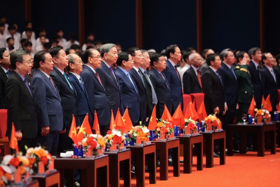Tổng Bí thư Tô Lâm, Thủ tướng Chính phủ Phạm Minh Chính tại Lễ kỷ niệm 80 năm ngành Bưu chính Viễn thông, 66 năm ngành Khoa học và Công nghệ.