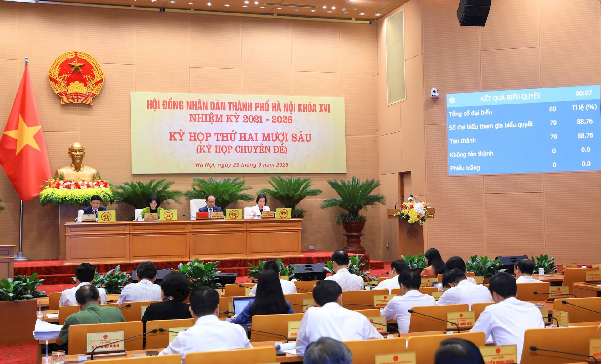 HĐND Thành phố Hà Nội khóa XVI, nhiệm kỳ 2021-2026 tổ chức kỳ họp thứ 26 (kỳ họp chuyên đề) vào ngày 29/9. (Ảnh: Cổng thông tin TP. Hà Nội)