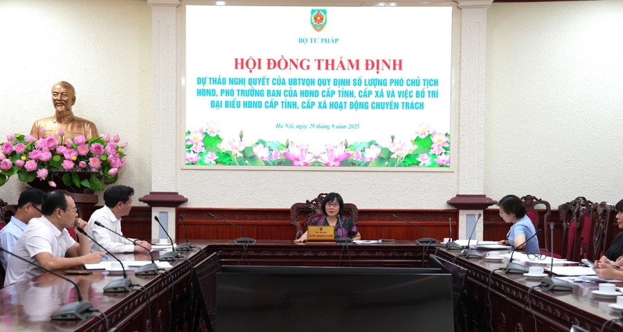 Thứ trưởng Bộ Tư pháp Đặng Hoàng Oanh chủ trì cuộc họp. Ảnh: TTXVN.