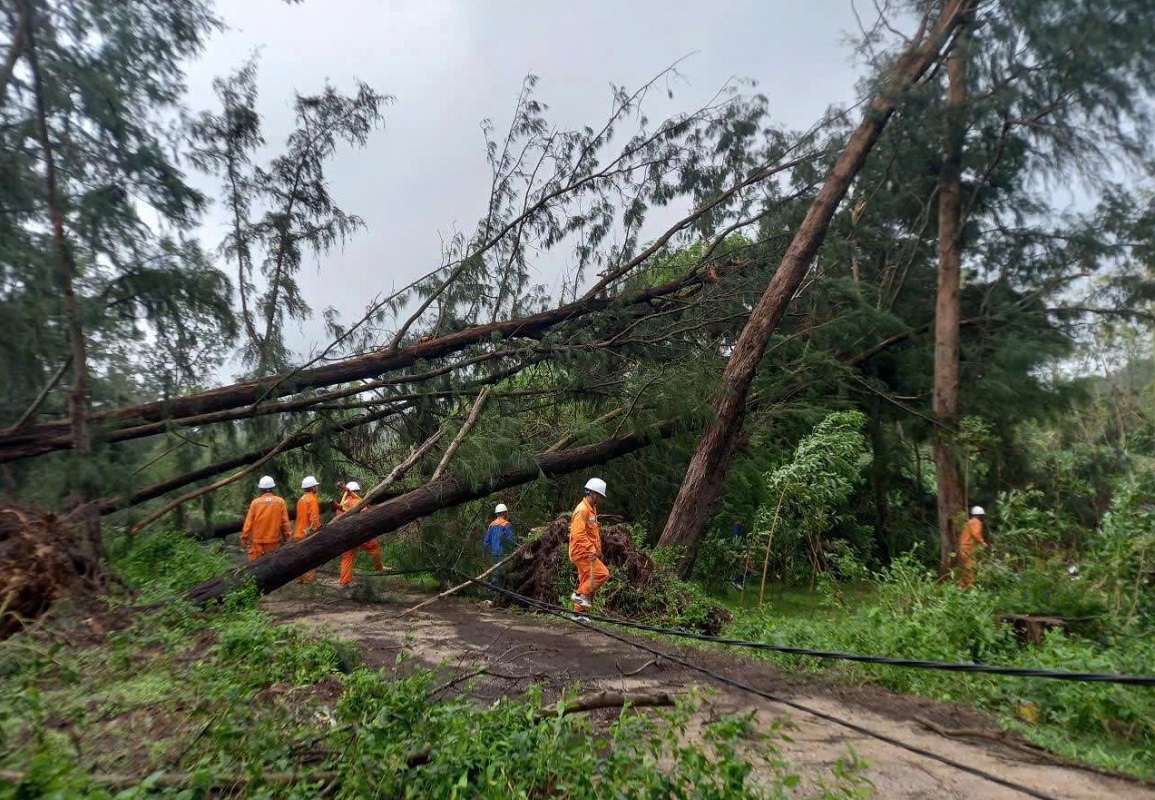 Nhân viên ngành điện khắc phục sự cố lưới điện do mưa bão.