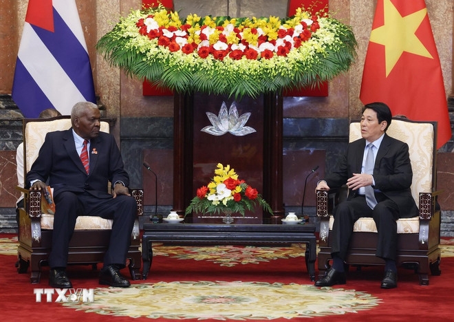 Chủ tịch nước Lương Cường tiếp Chủ tịch Quốc hội Cuba Esteban Lazo Hernandez. Ảnh: TTXVN.