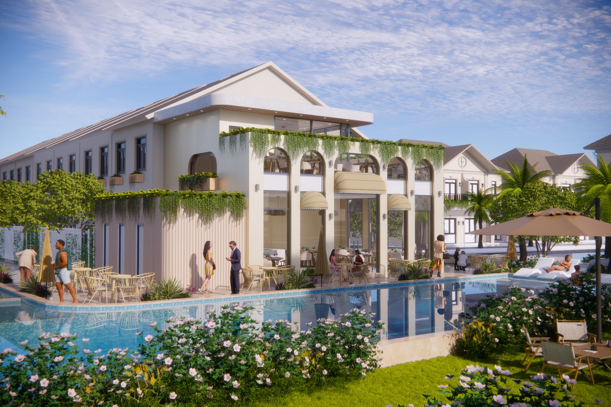 Hệ tiện ích The Oasis Riverside được bao bọc bởi mảng xanh thiên nhiên.