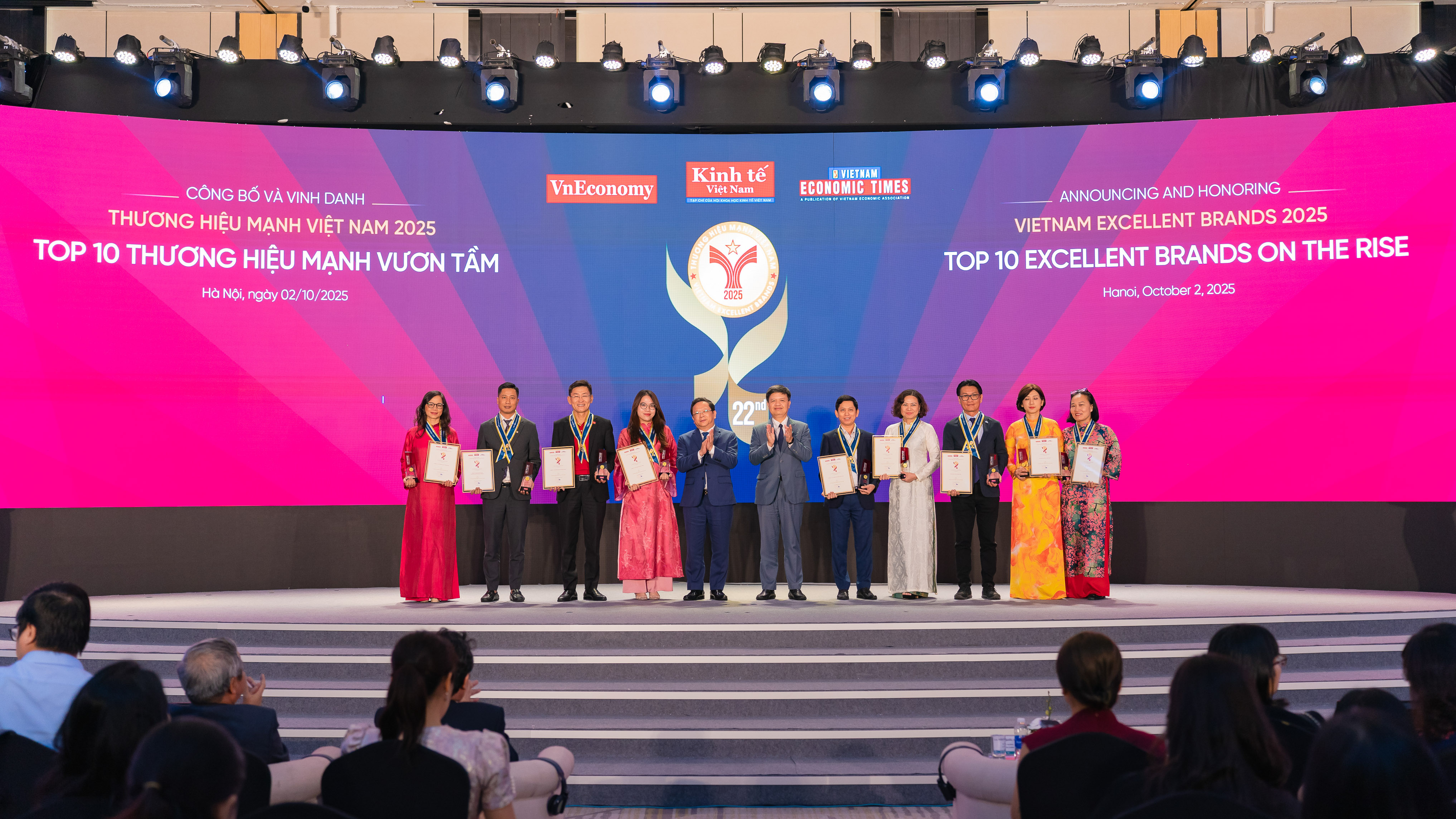 Top 10 Thương hiệu Mạnh Vươn tầm, bao gồm các doanh nghiệp: Công ty Cổ phần Tập đoàn Hòa Phát; Tập đoàn CT Group; Tập đoàn Công nghệ CMC; Tập đoàn Dệt May Việt Nam; Công ty Cổ phần Hàng không Vietjet; Tập đoàn TH; Công ty TNHH Kinh doanh Thương mại và Dịch vụ VinFast; Công ty Cổ phần Du lịch Vietravel; Công ty Cổ phần Gỗ An Cường. 