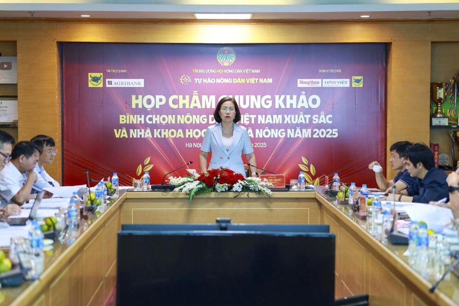 Bà Bùi Thị Thơm, Phó Chủ tịch Trung ương Hội Nông dân Việt Nam, chủ trì họp chấm chung khảo.