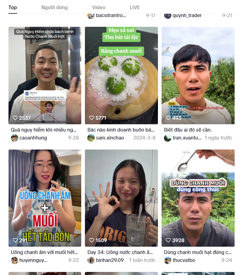 Kết quả tìm kiếm ngẫu nhiên trên mạng xã hội với từ khóa 