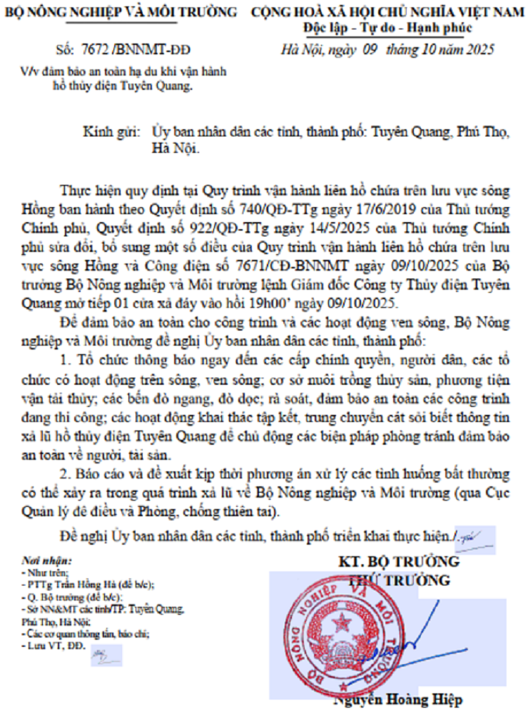 Công điện của Bộ Nông nghiệp và Môi trường.