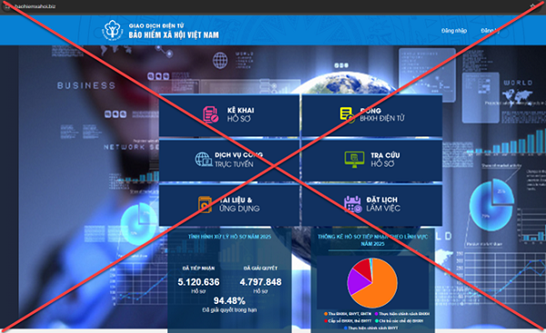 Trang web giả mạo có giao diện tương tự trang chính thức. Ảnh: Bảo hiểm xã hội Việt Nam.
