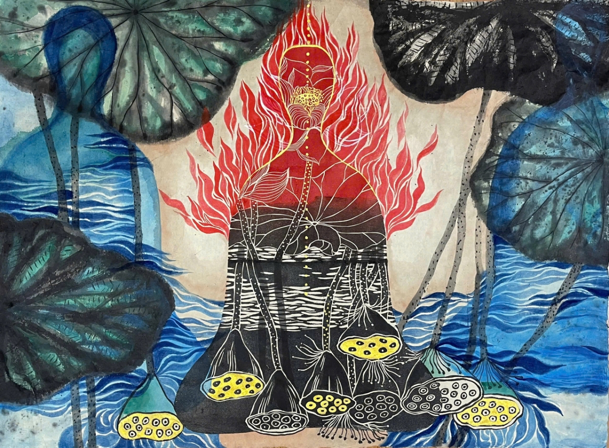 Tác phẩm tham gia triển lãm: Lửa tam muội, kích thước 60 x 80 cm trên giấy dó. của họa sỹ Trang Thanh Hiền.