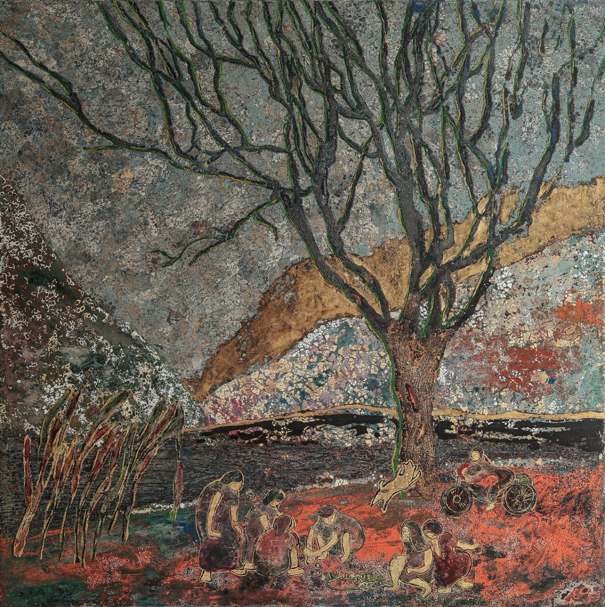 Tác phẩm Bên dòng suối làng Konnak, kiacsh thước 100 x 100 cm, chất liệu sơn mài, của họa sĩ&nbsp;Hồ Thị Xuân Thu.