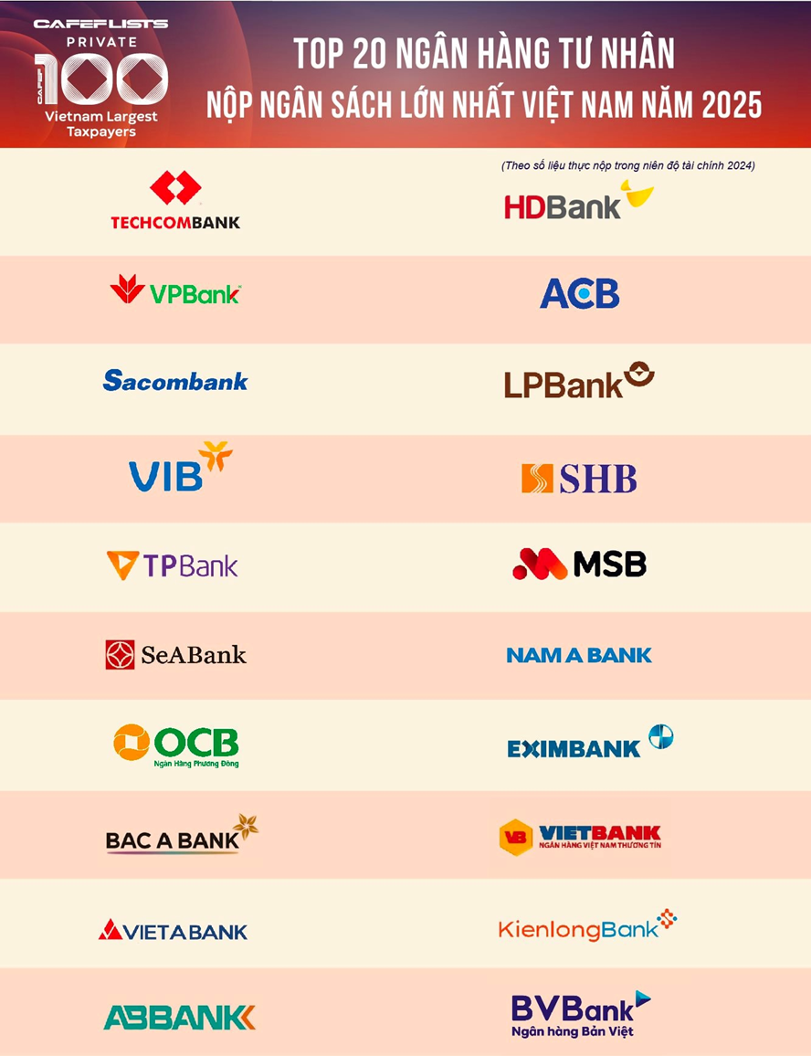 Top 20 ngân hàng tư nhân nộp ngân sách lớn nhất Việt Nam năm 2025.