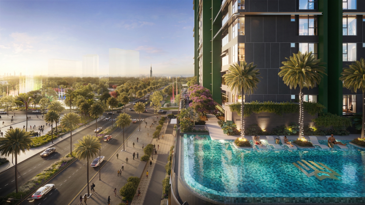 Hồ bơi vô cực mang lại trải nghiệm thư giãn cùng tầm nhìn khoáng đạt giữa khu đô thị.