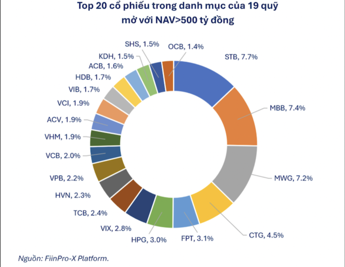 Top 20 cổ phiếu chiếm tỷ trọng lớn trong danh mục năm giữ của 19 quỹ mở cố phiếu. 