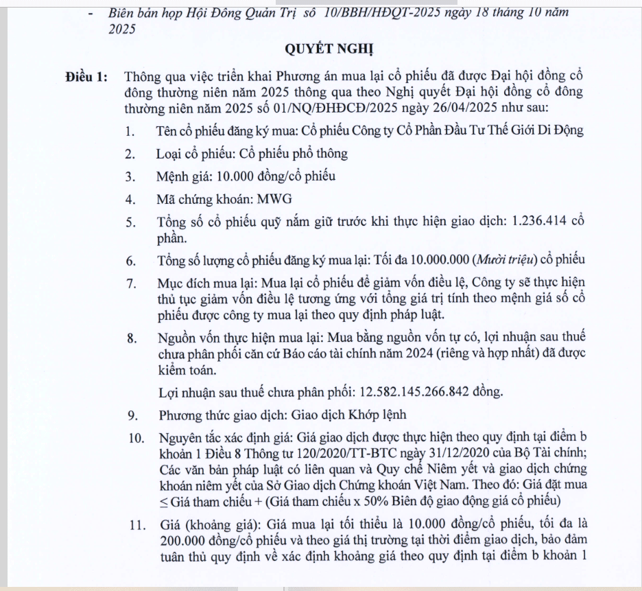MWG lên kế hoạch mua lại 10 triệu cổ phiếu quỹ giá tối đa 200.000 đồng/cổ phiếu - Ảnh 1