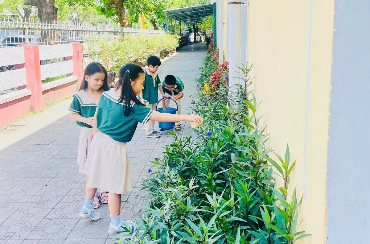 Học sinh Trường Tiểu học Lê Lợi (thành phố Huế) tập cách chăm sóc xanh tại trường học. Ảnh: Văn Dinh.