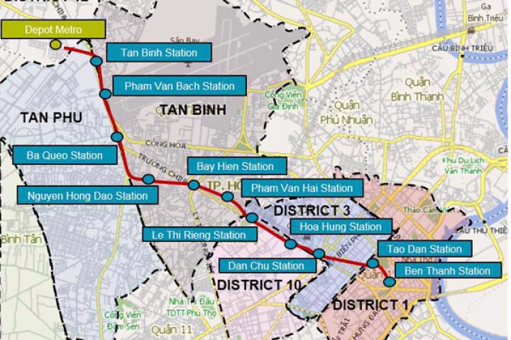 Sơ đồ hướng tuyến và nhà ga của metro số 2 Bến Thành - Tham Lương