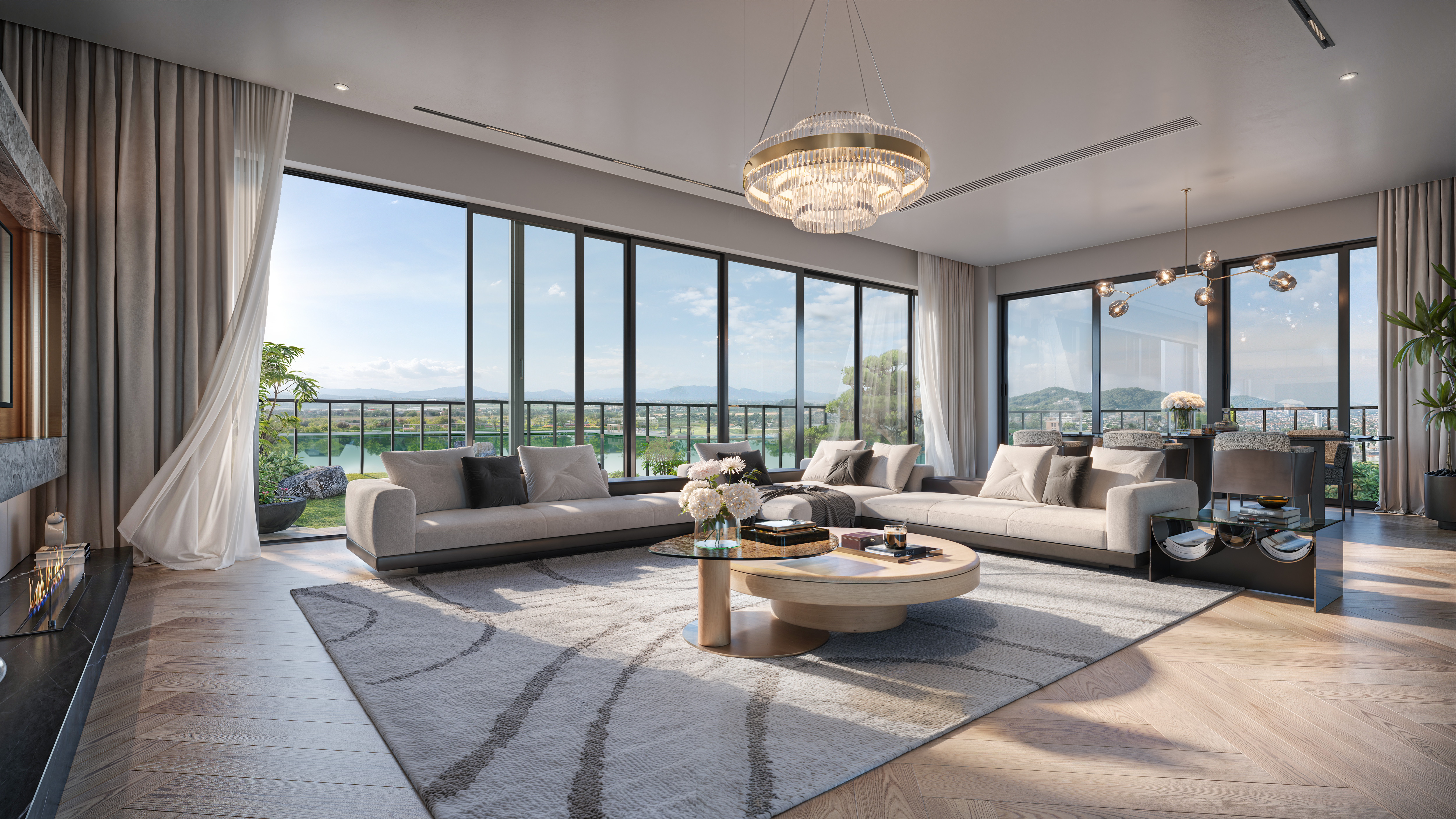Phối cảnh phòng khách căn hộ trung tầng tại Swanlake Residences.