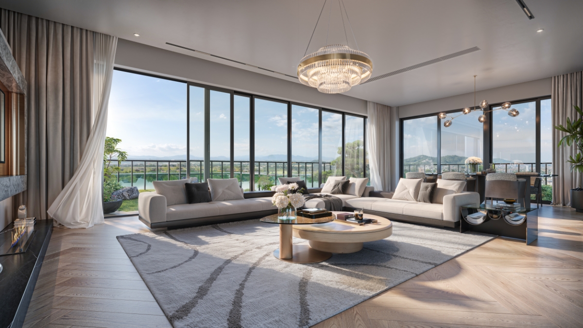 Phối cảnh phòng khách căn hộ trung tầng tại Swanlake Residences.