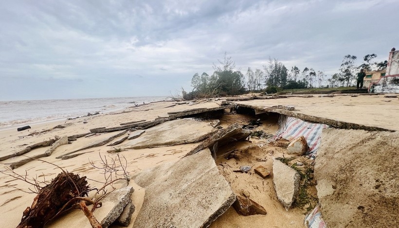 Sóng biển gây sạt lở, ăn sâu vào đất liền thôn Thanh Hải, xã Bắc Trạch. Ảnh: Nguyên Linh