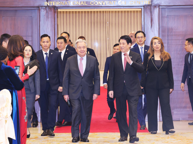 Chủ tịch nước Lương Cường và Tổng Thư ký Liên hợp quốc António Guterres dự tiệc chiêu đãi.