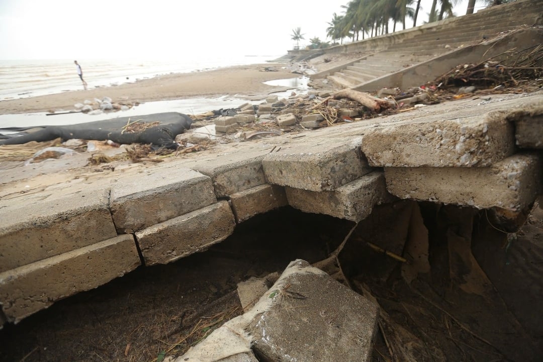 Nằm trong dải bờ biển dài 6,8 km, đoạn kè bị sạt lở nặng nhất hiện nằm ở khu vực các thôn Thanh Xuân và Đông Thành, xã Hoằng Tiến.