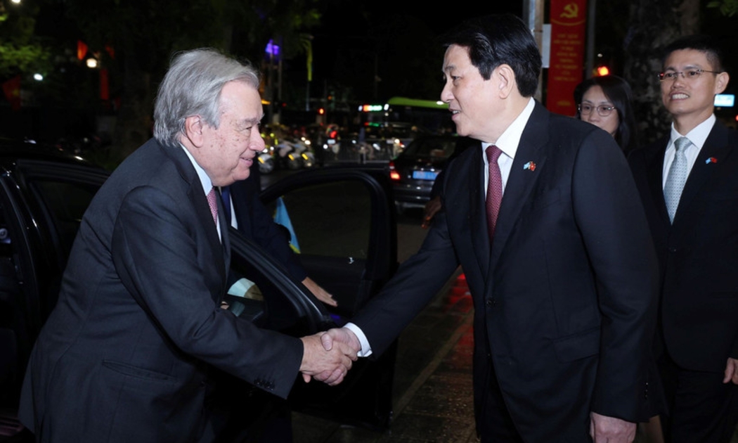 Chủ tịch nước Lương Cường đón Tổng Thư ký Liên hợp quốc António Guterres dự tiệc chiêu đãi. Ảnh: TTXVN.