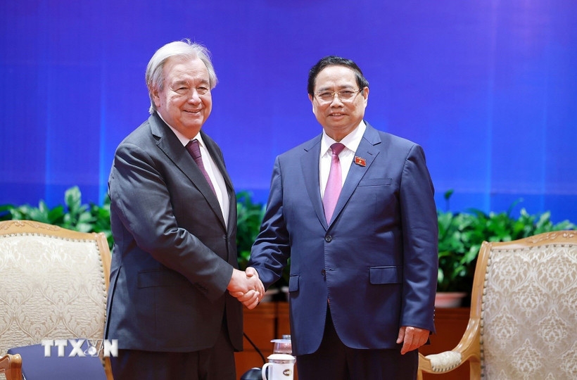 Thủ tướng Phạm Minh Chính gặp Tổng Thư ký Liên hợp quốc António Guterres. Ảnh: TTXVN
