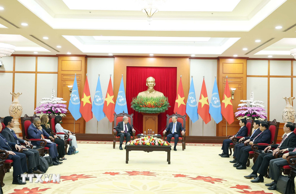 Quang cảnh buổi đón tiếp Tổng Thư ký Liên hợp quốc António Guterres. Ảnh: TTXVN