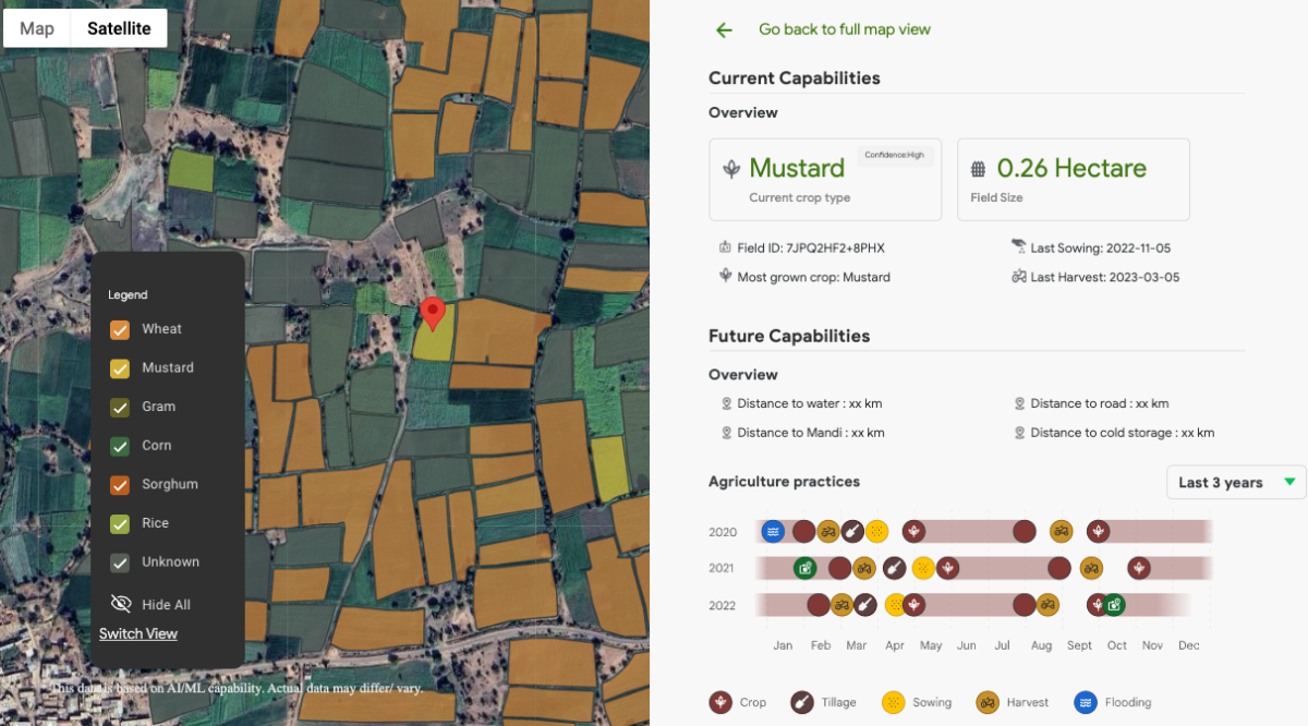 Giao diện dữ liệu của AMED API_ Bản đồ vệ tinh thể hiện các loại cây trồng khác nhau được nhận diện tự động bằng AI. Ảnh: Google
