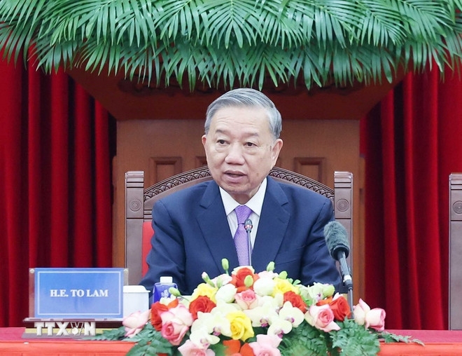 Tổng Bí thư Tô Lâm phát biểu tại buổi tiếp đón. Ảnh: TTXVN