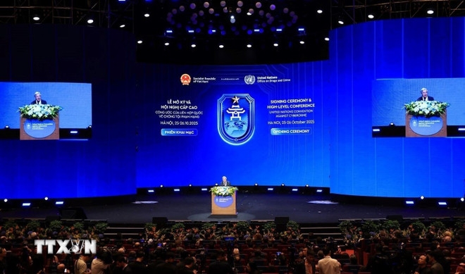 Tổng Thư ký Liên hợp quốc António Guterres phát biểu tại Phiên khai mạc cấp cao Lễ mở ký Công ước Hà Nội. Ảnh: TTXVN