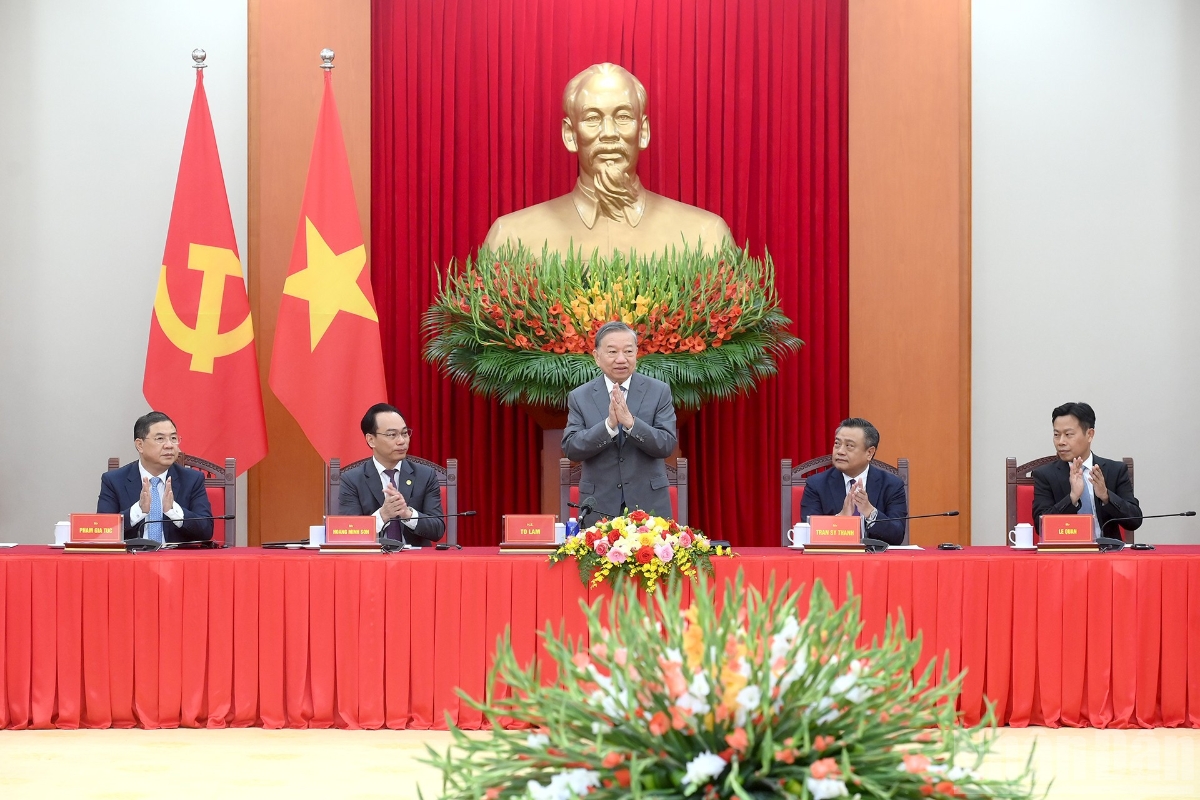 Tổng Bí thư Tô Lâm chủ trì cuộc tiếp các đại biểu tham dự&nbsp;hội thảo quốc tế Việt Nam học lần thứ 7﻿. Ảnh: Nhân Dân