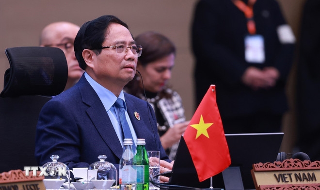 Thủ tướng Phạm Minh Chính tham dự hội nghị Cấp cao các nước tham gia Hiệp định RCEP lần thứ 5.&nbsp; Ảnh: Dương Giang/TTXVN