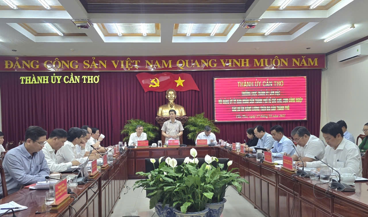 Bí thư Thành ủy TP. Cần Thơ Lê Quang Tùng phát biểu tại cuộc làm việc - Ảnh: VGP/LS.