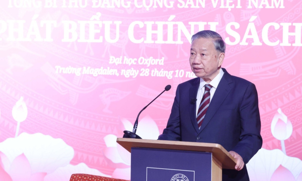 Tổng Bí thư Tô Lâm phát biểu chính sách tại Đại học Oxford.  Ảnh: TTXVN