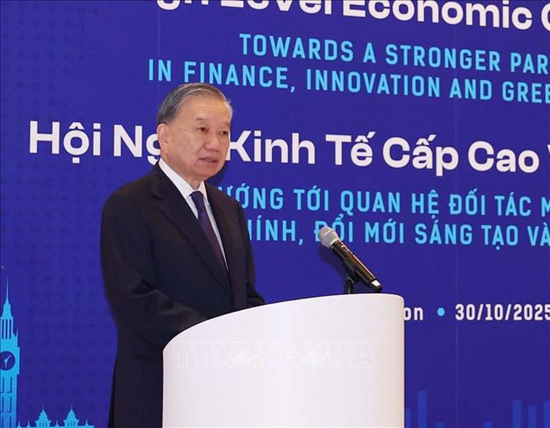 Tổng Bí thư Tô Lâm phát biểu tại Hội nghị Kinh tế cấp cao Việt Nam - Anh. Ảnh: TTXVN.