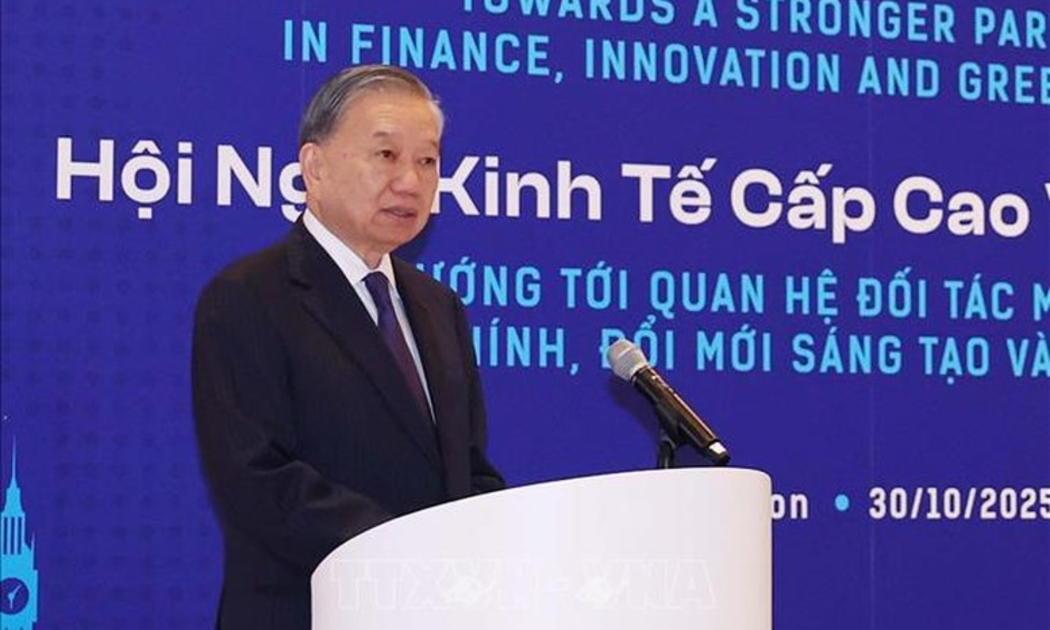 Tổng Bí thư Tô Lâm phát biểu tại Hội nghị Kinh tế cấp cao Việt Nam - Anh. Ảnh: TTXVN.