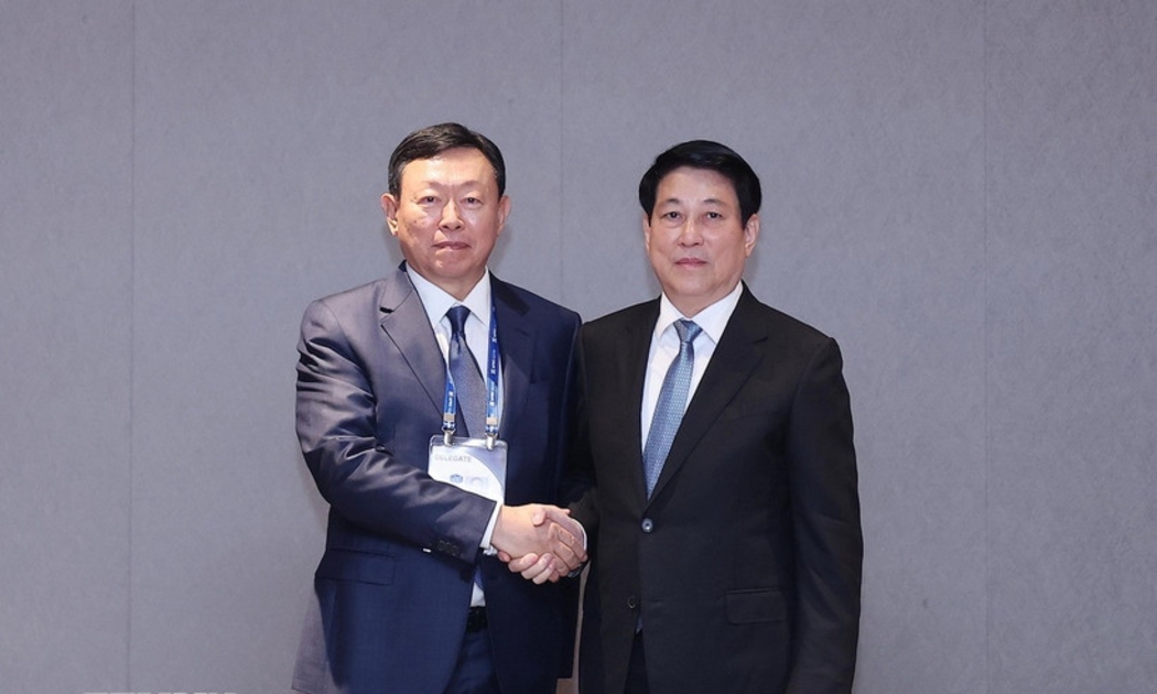 Chủ tịch nước Lương Cường tiếp Chủ tịch Tập đoàn Lotte Shin Dong-bin. Ảnh: TTXVN.