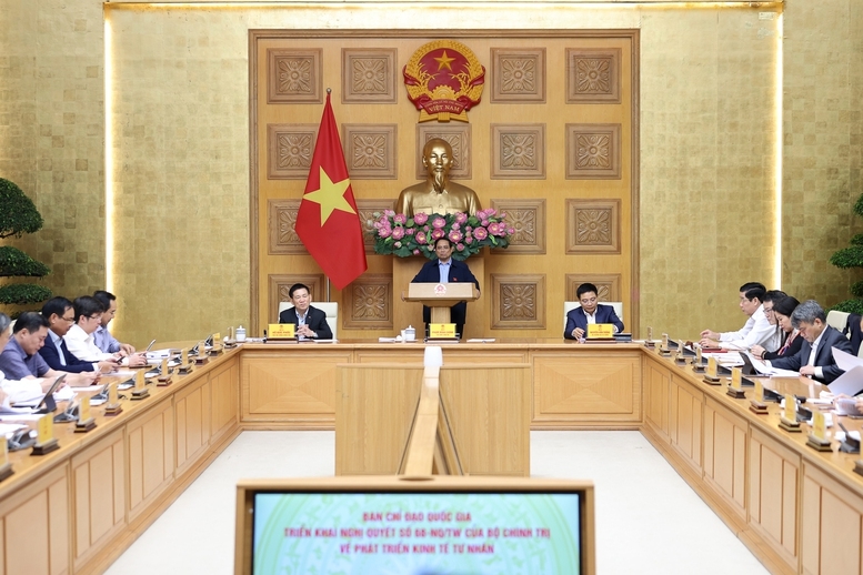 Thủ tướng phát biểu kết luận Phiên họp lần thứ hai của Ban Chỉ đạo quốc gia triển khai Nghị quyết số 68-NQ/TW của Bộ Chính trị về phát triển kinh tế tư nhân - Ảnh: VGP